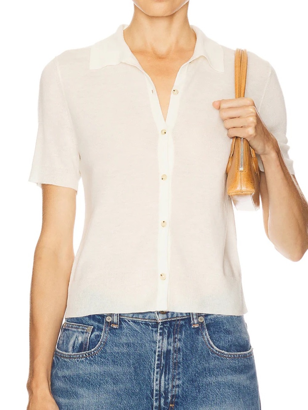 Vince Classic Short Sleeve Button Front Top in Cream